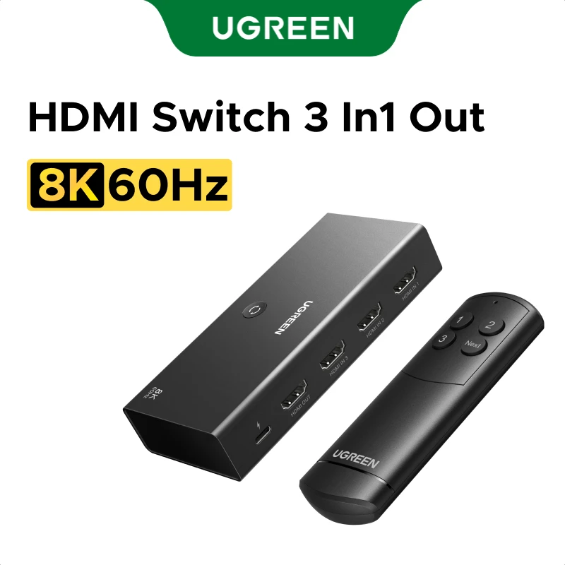 UGREEN HDMI 2.1 3 in 1 out Switcher 8K 60Hz HDMI-compatible Switch with Remote Control Converter For Xbox PS5 Monitors