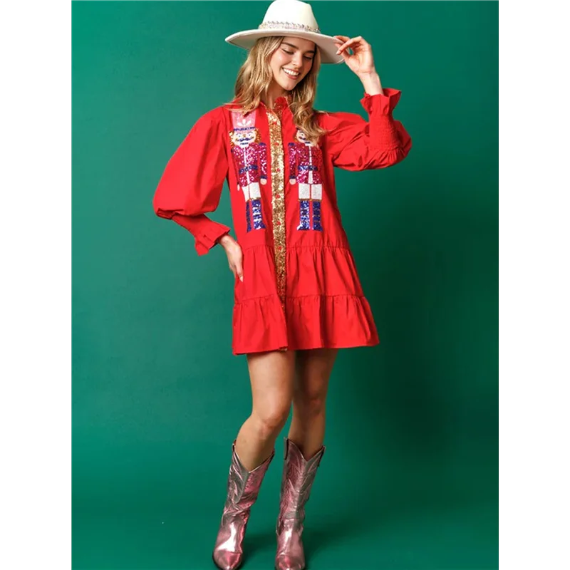 ABRT-Womens Costume Nutcracker Shirt Dress  Holiday Santa Sweatshirt Sweater Mini Dress