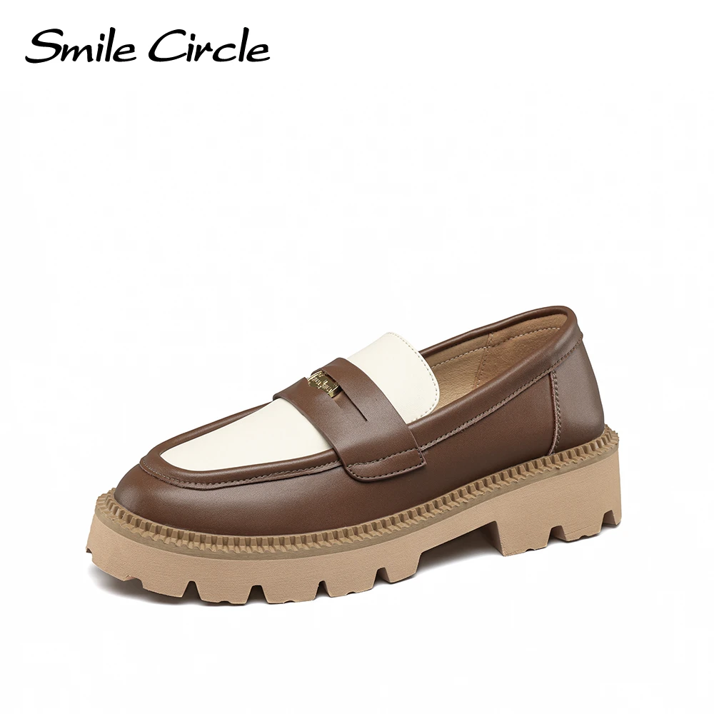 

Женские кожаные лоферы Smile Circle, Модные Повседневные туфли на плоской платформе, с круглым носком, без застежки, 2019