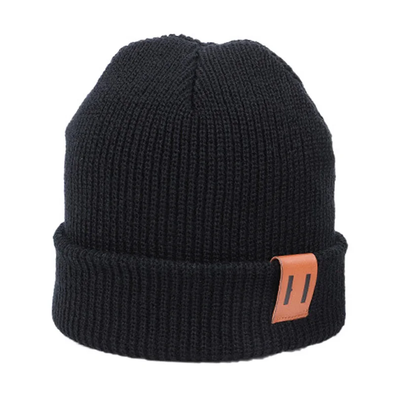 Baby Knit Hat for Boys Girls Autumn Winter Warm Kids Beanie Adult Children Parent-Child Hats Newborn Baby Cap with Leather Label