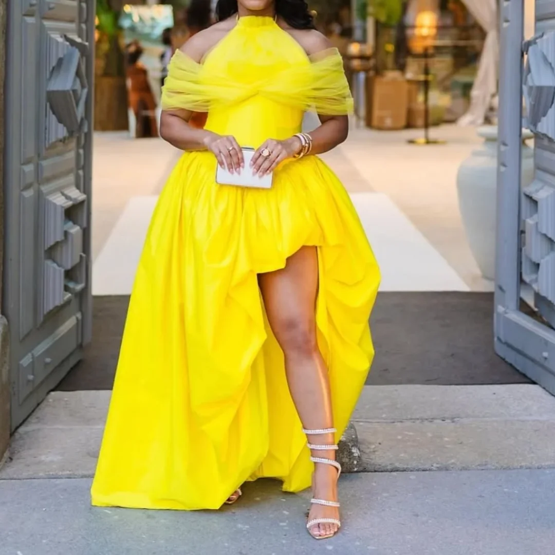 スタイリッシュな黄色の非対称ロングフォーマルドレスショートキャップスリーブファッションセクシーなアフリカの女性のドレスカスタマイズ