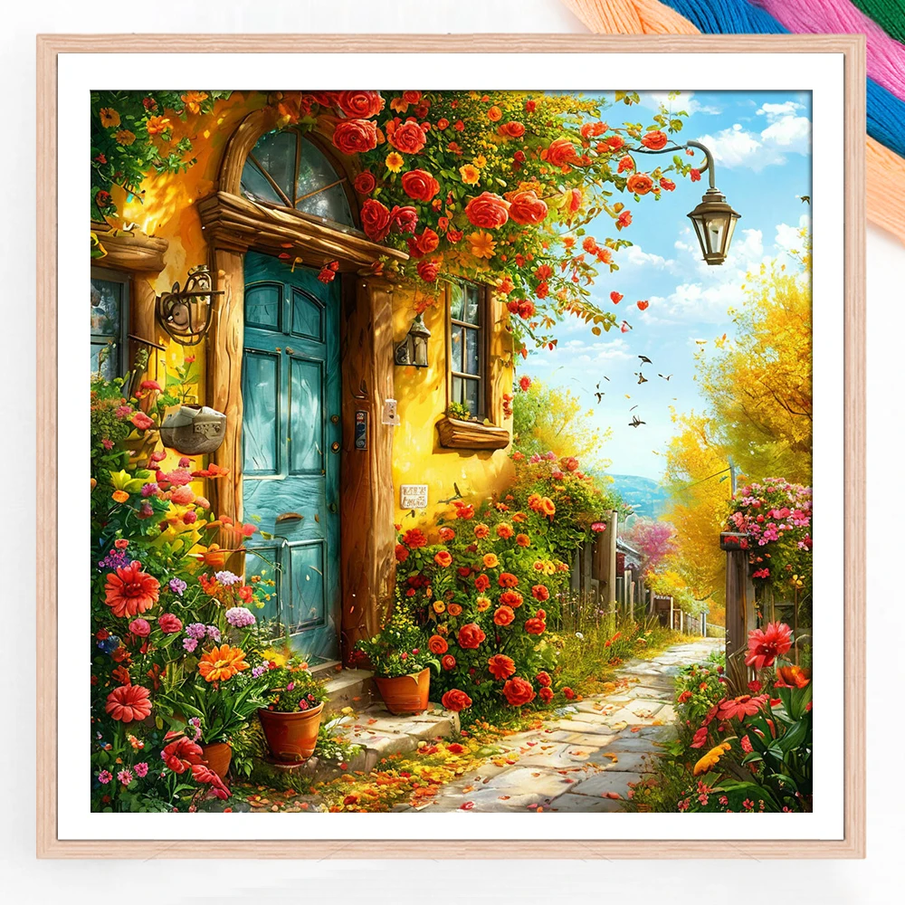 Cross Stitch Kits Blue Gate Rose Street Lane Embroidery Landscape Home Decor Needlework Threads 11CT Picture Printed