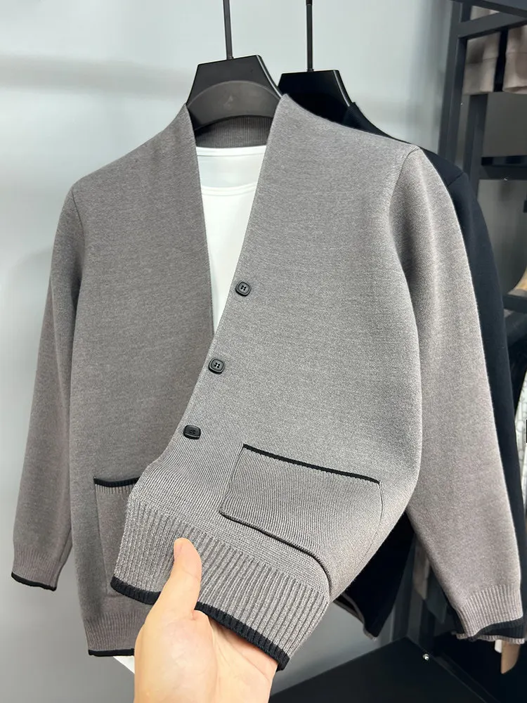 Shawl cardigan men's cashmere sweater sweater coat autumn men's solid color trend slim black casual thin simple.