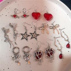 Gothic Vintage Red Black Glass Crystal Heart Star Bowknot Pendant Earrings Women Y2K Aesthetic Jewelry Charms Punk Accessories