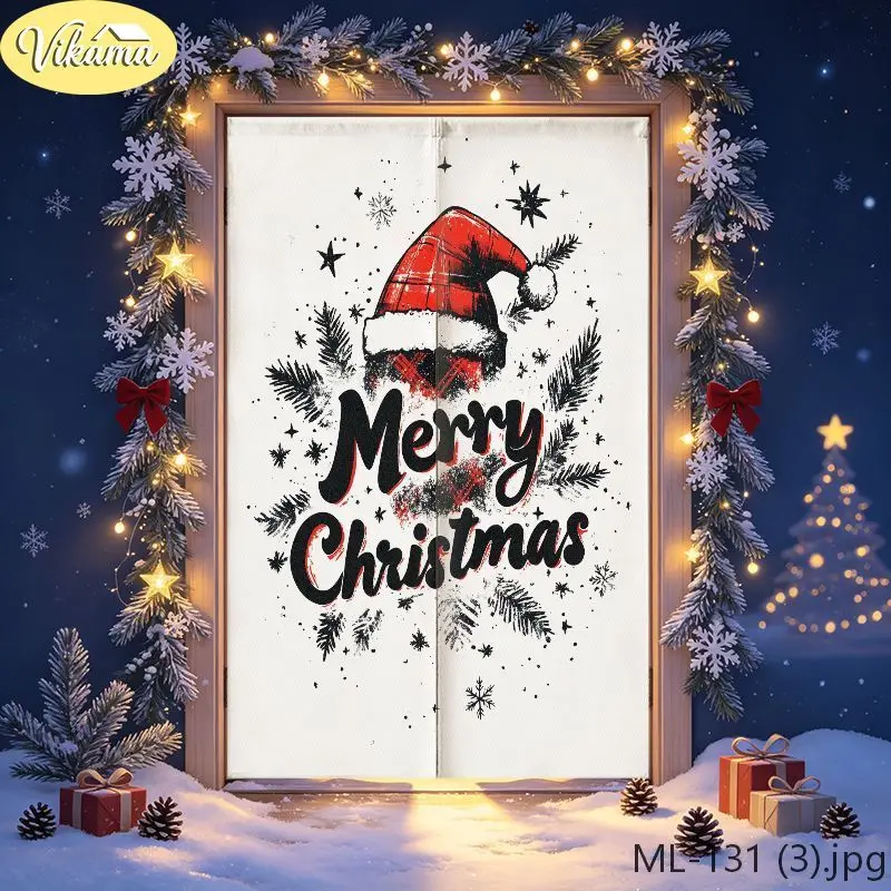 VIKAMA Cortina Navideña de Lino con Diseño de Gorro de Papá Noel a Cuadros Rojos, Texto "Feliz Navidad" en Fondo Blanco, Rama de Pino y Copos de Nieve, Estilo Minimalista