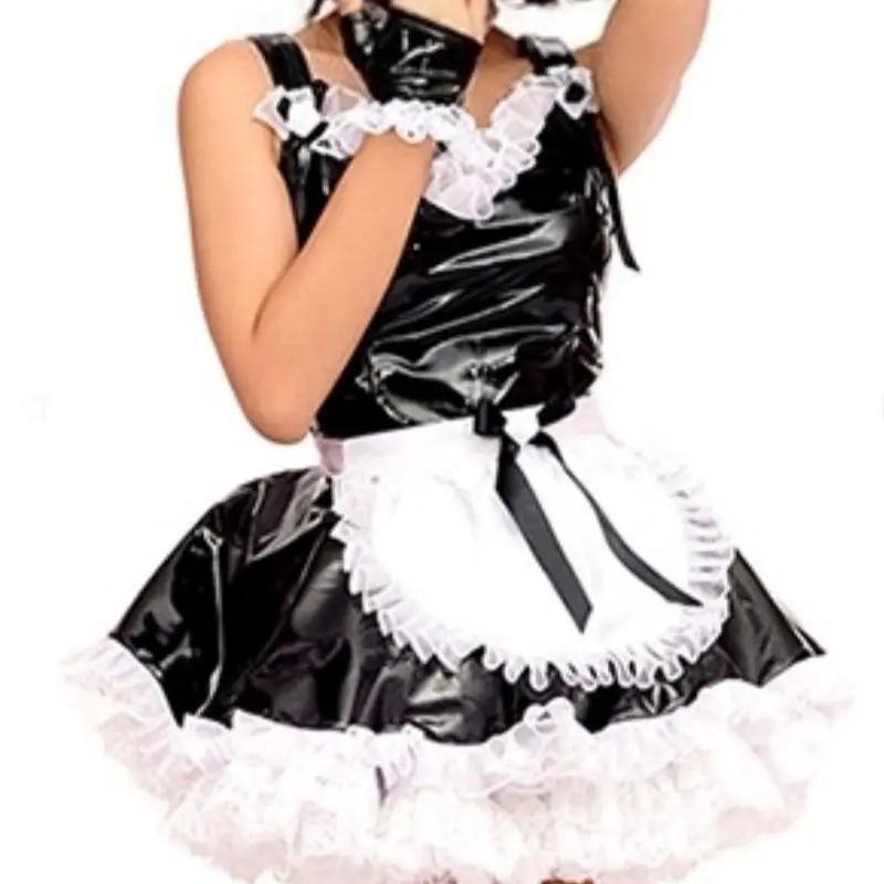

Sexy Adult Giant Baby Girl Black PVC Strap Dress White Satin Sissy Role Play Dressing Ball Maid Customized Multi Color