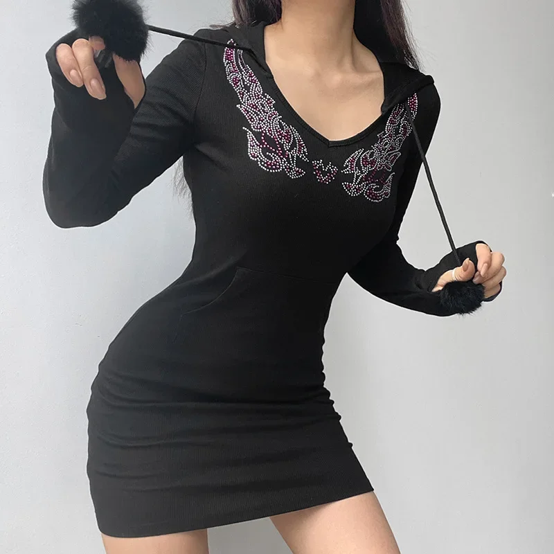 

2022 Black Knitting Hot Rhinestone Wings Long-sleeved Harajuku Dress Waist Bottoming Hooded Hip Skirt Birthday Dress for Women