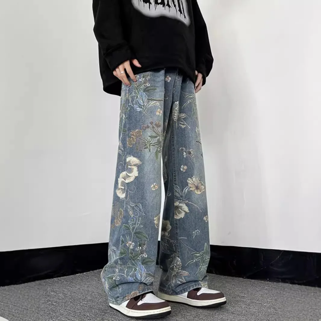 

Vintage Floral Print Jeans Men Y2K Baggy Wide Leg Denim Pants Retro Hip Hop Streetwear Trousers Casual Loose Fit Street Style