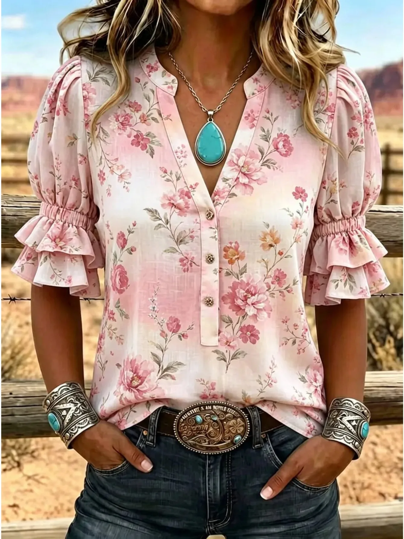 Women Ombre Peony Floral Blouse Split V Neck Half Button Puff Short Sleeve Western Cowgirl Casual Top