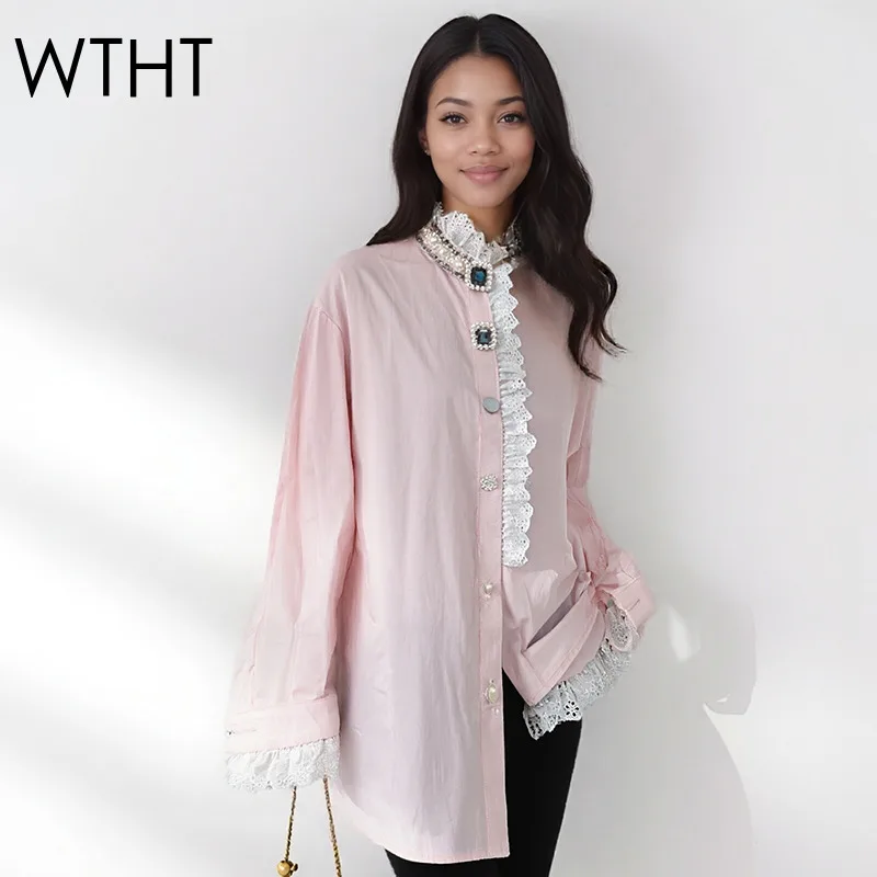 

WTHT Fashion New Women's Spliced Ruffled Edge Lace Diamonds Buckle Shirt 2025 Autumn Trendy Stand Collar Blouse Female 1LS2748