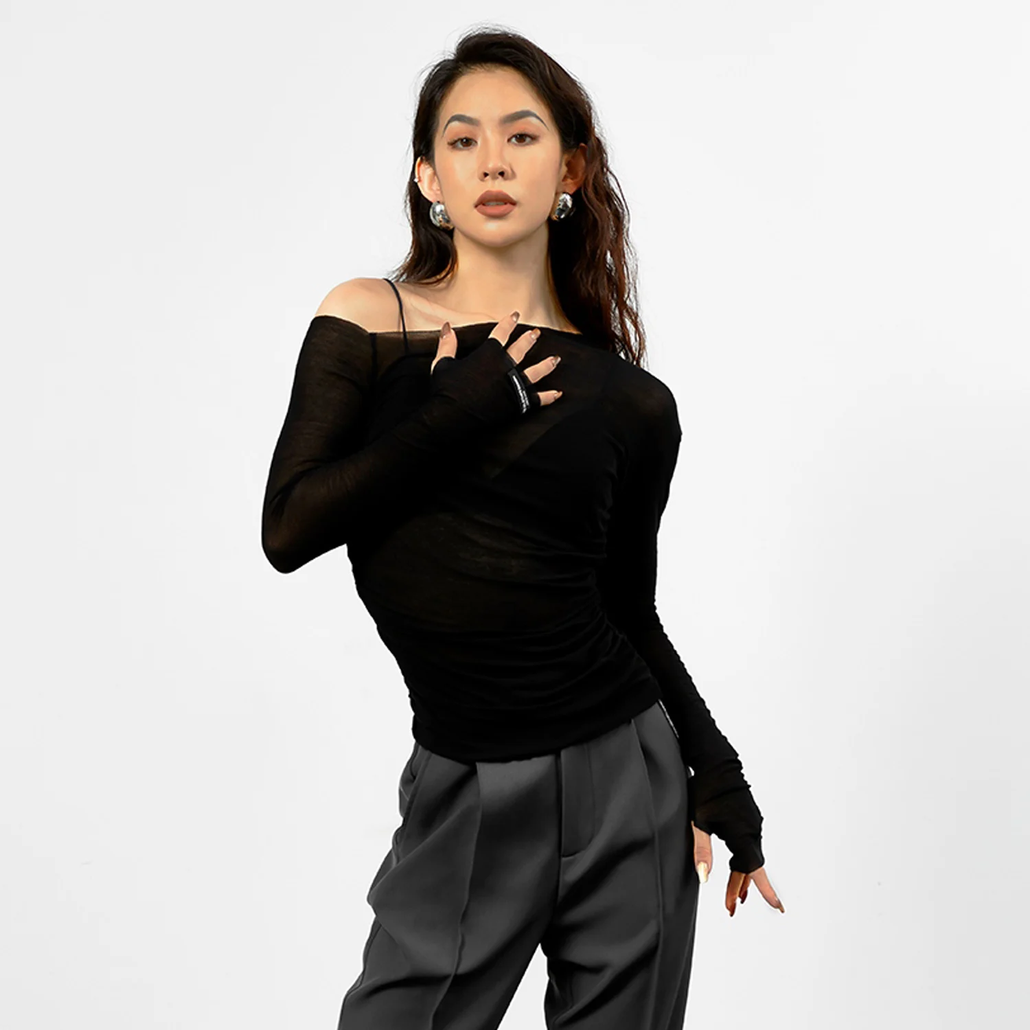 Off-Shoulder Latin Dance Tops Adult Women Barllroom Modern Tango Practice Clothes Black Long Slleve ChaCha Dancewear DL11263