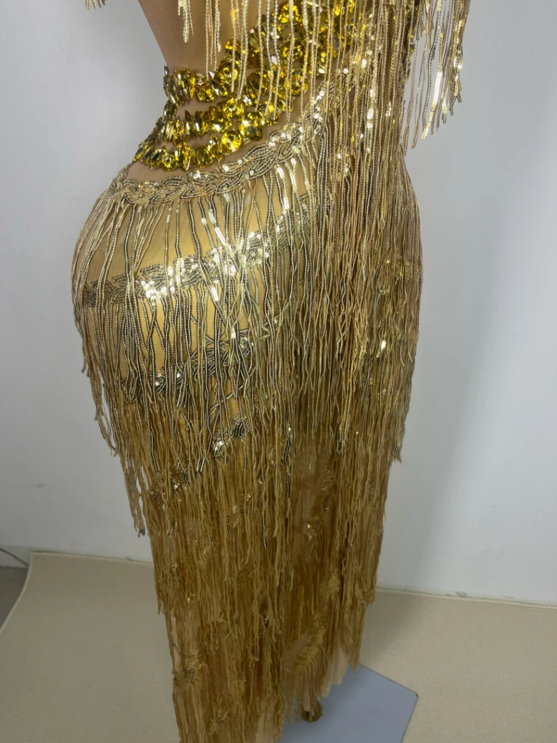 Shiny Gold Rhinestones Sequined Fringe Wide-leg jumpsuit Singer Stage Perform Costume  Women Sexy Night Party Club Outfit