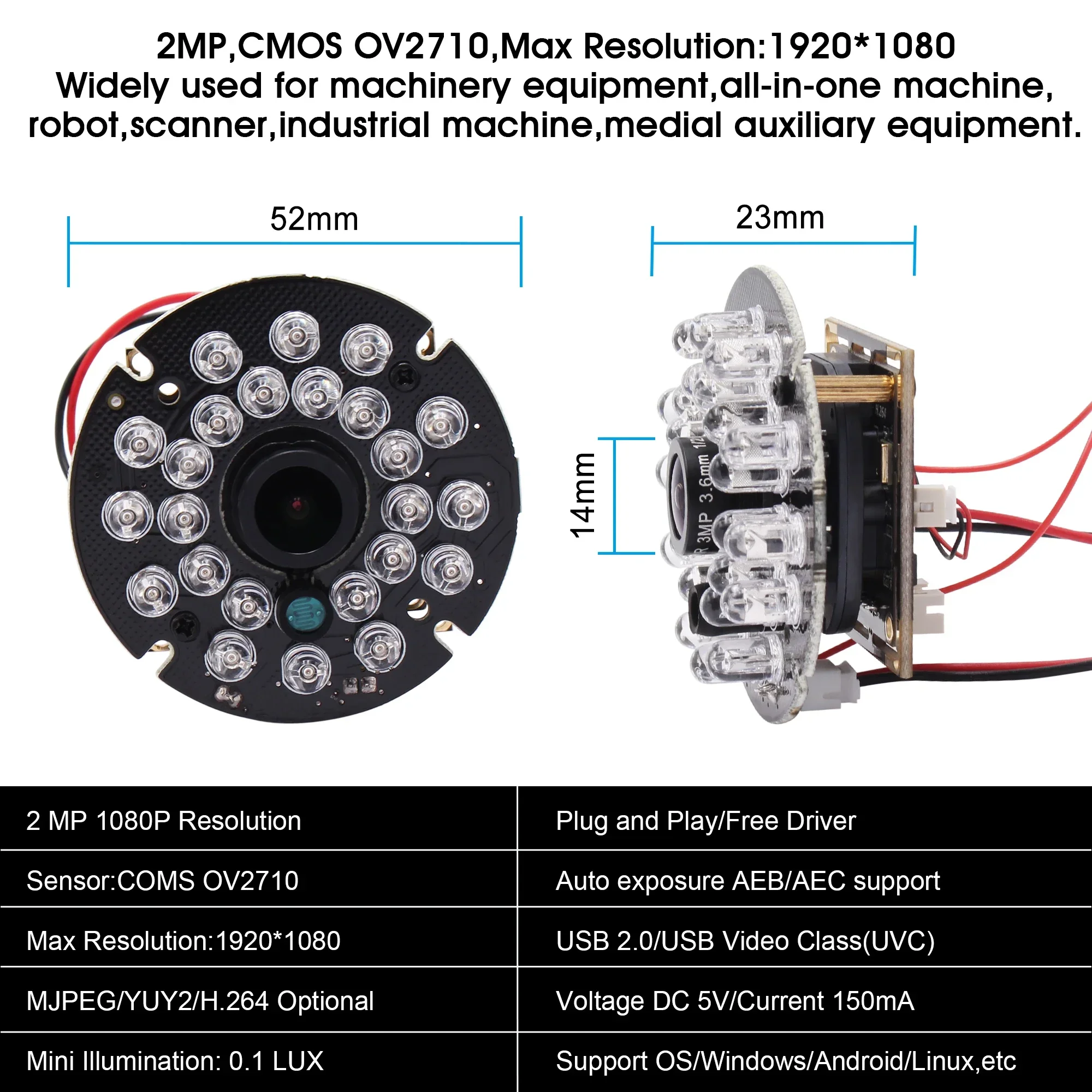 ELP 1080P Full HD OV2710 Infrared USB Camera Module MJPEG 120fps/60fps/30fps Night Vision Mini Webcam Support IR Cut