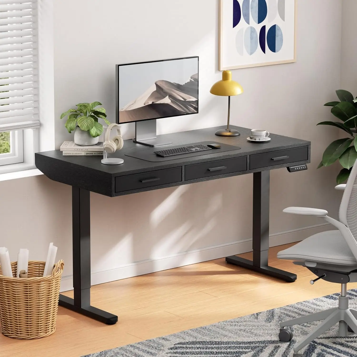 Electric Standing Desk with Drawers, C-Clamp Mount, 55x28 Inch Adjustable, Fabric Storage, Home Office, Black, Customized