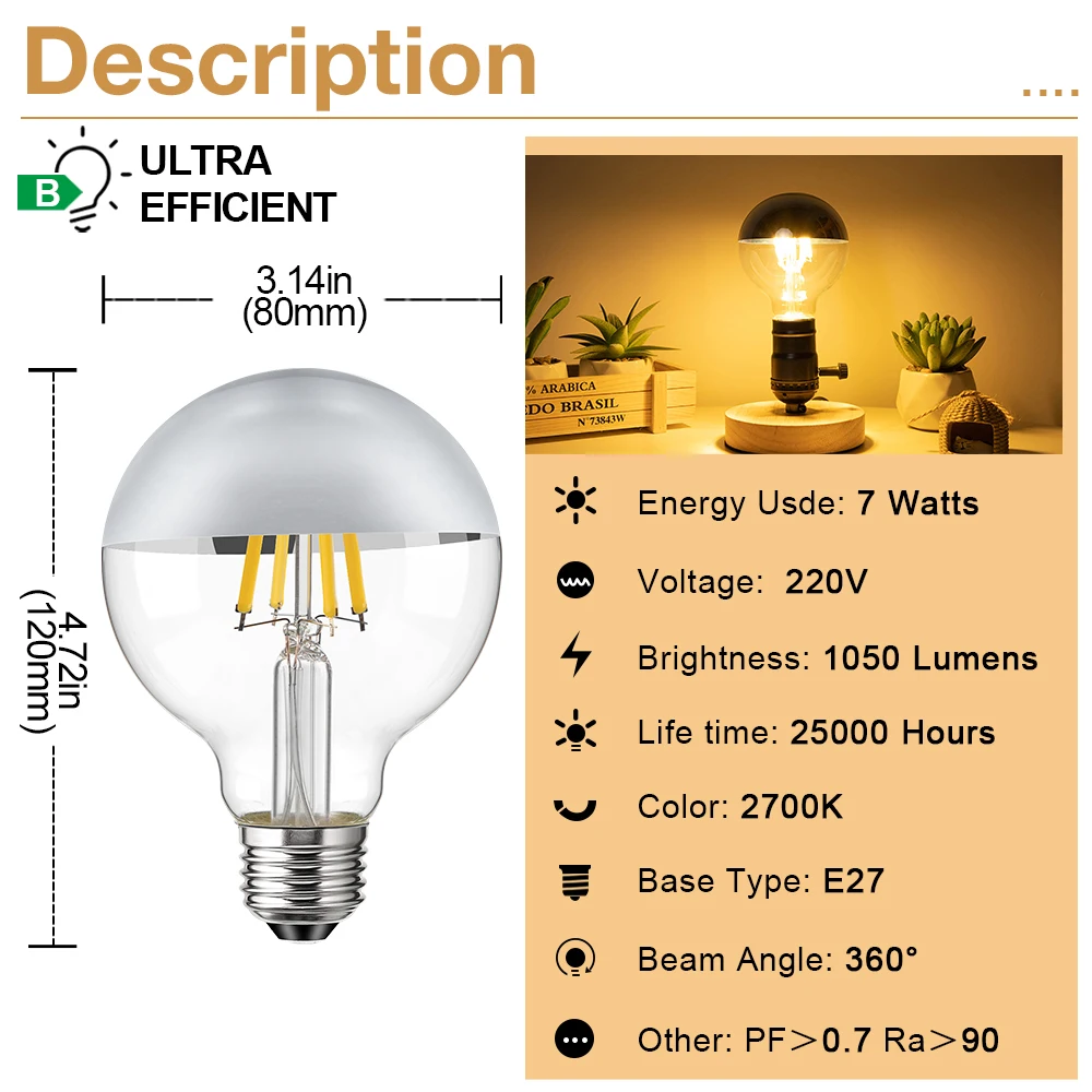 E27 미러 실버 레트로 에디슨 LED 전구, 빈티지 필라멘트 LED 램프, 따뜻한 백색 조명, G80, 7W, 220V, 1050LM, 높은 루멘, 2700K