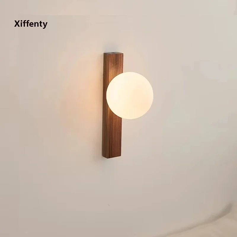 

Wood Milk White Glass Sphere Wall Light Modern Style Sconces for Bedroom, Living, Aisle Balcony, Bedside Entrance Lighting