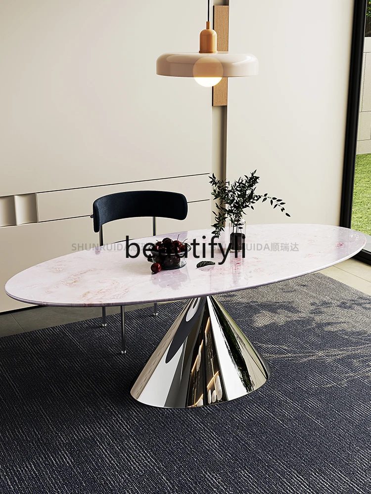 

Обеденный стол из чистого натурального мрамора с розовым бриллиантом и розой, радужным синим кристаллом, овальный роскошный каменный обеденный стол