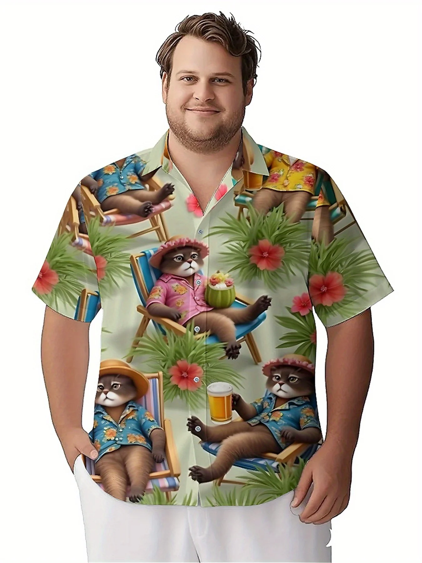 Camisas havaianas plus size masculinasTropical Cat Holiday Pattern, camisas com botões, roupas casuais unissex, tops de verão