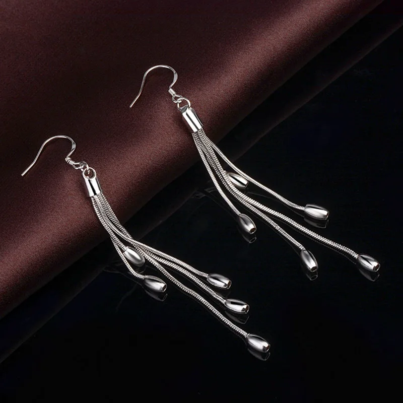 New 925 Sterling Silver Beautiful Tassel oval bead earrings for women fashion Street Versatile jewelry party wedding Couple gift