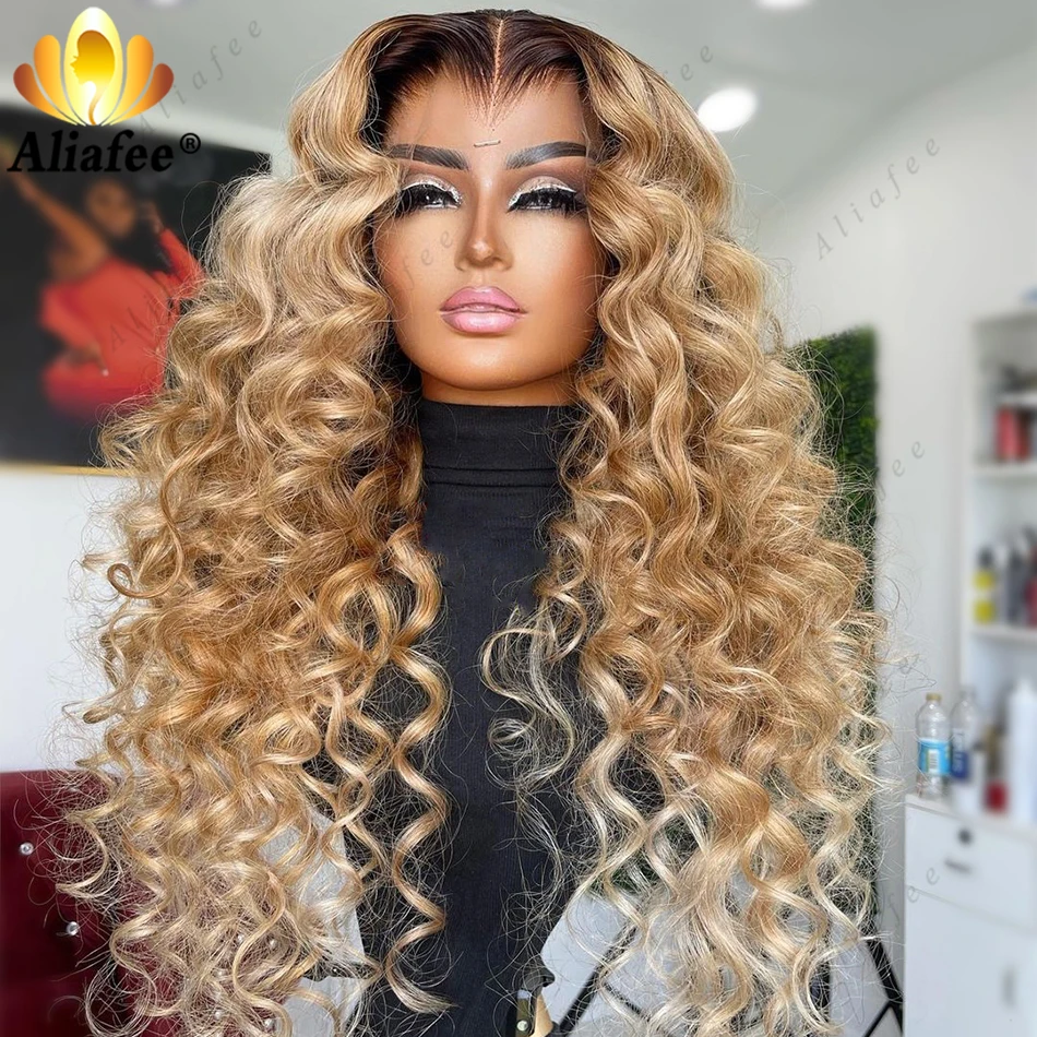 

Ombre Blonde Colored 13X6 Loose Wave Human Hair Wigs Transparent Pre-Plucked 13x4 Lace Front Human Wig Curly Wig For Women