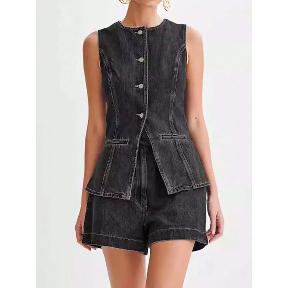

Fashion Sleeveless Denim Vest Jacket Shorts Two-Piece Set Fashion Trend Brand Set Summer Suits Plus Size XXL
