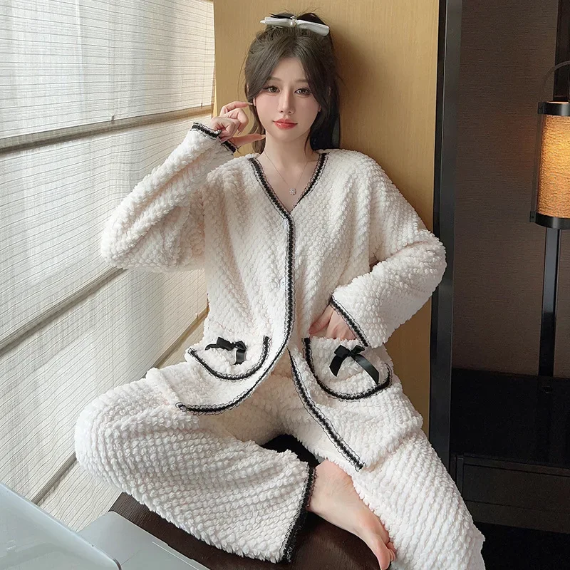 Plus Size Coral Velvet Pajama Set Women Winter Thickened Loose Flannel Home Clothes Korean Sweet Nightwear Can Be Worn Outside