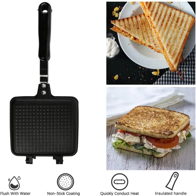 Sanduicheira antiaderente quente sanduicheira panini grill panelas com alça de alumínio flip pan para cozinha em casa