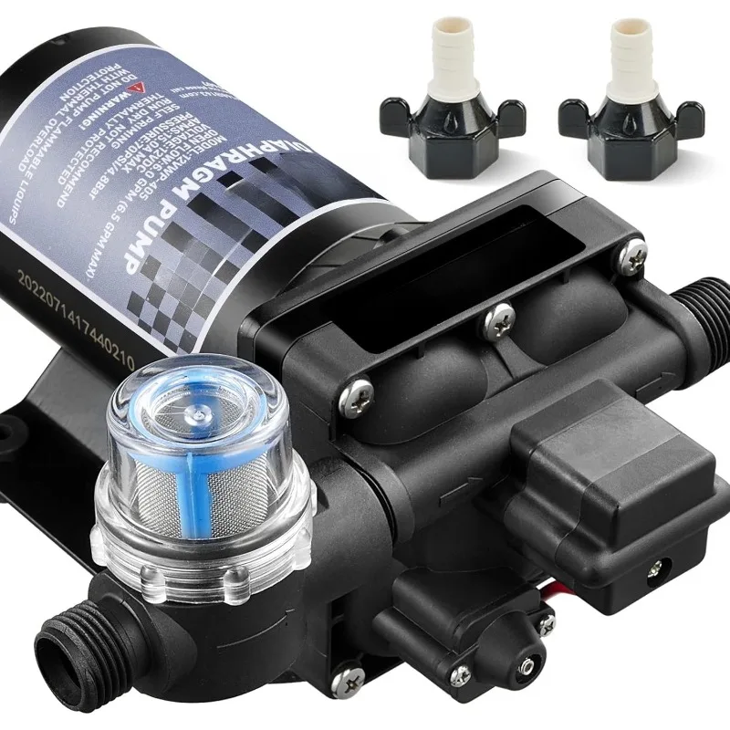 

[Upgraded Version] RV Fresh Water Pump, 12V DC 6GPM 70PSI Self-Priming Diaphragm With Pressure Switch and Strainer for RV, Marin