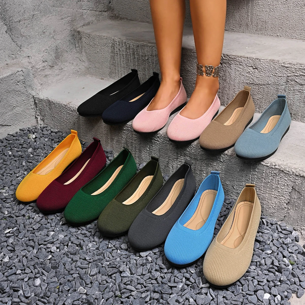 New Women Round Toe Flat Shoes Solid Color Knitted Slip on Shoes Casual Breathable Ballet Flats Women Loafers Zapatos Mujer