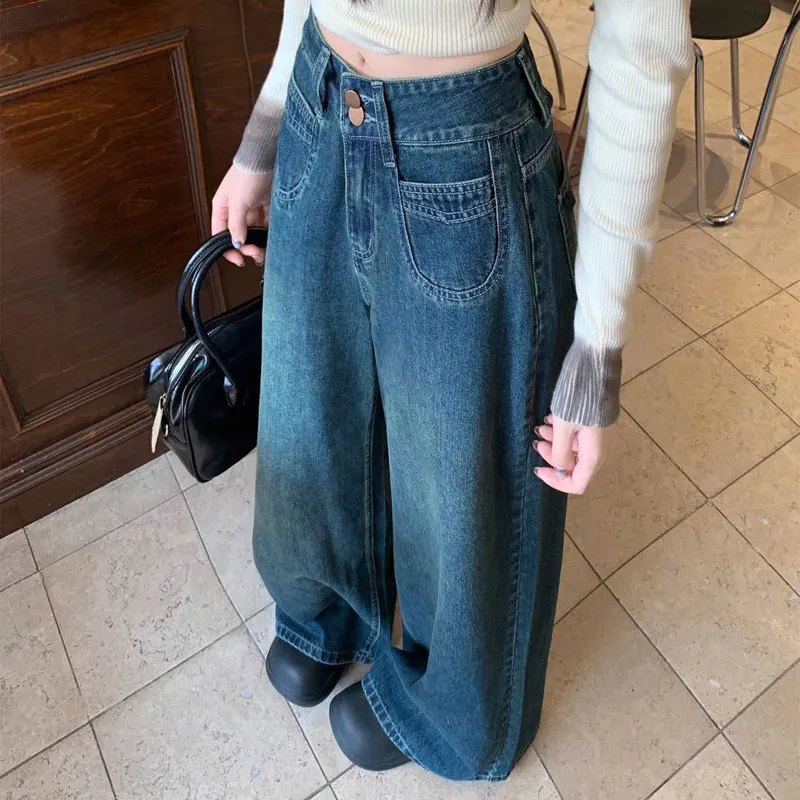 Women Vintage Dark Blue High Waist Wide Leg Jeans Double Button Unique Heart Pockets Autumn Loose Baggy Denim Straight Trousers