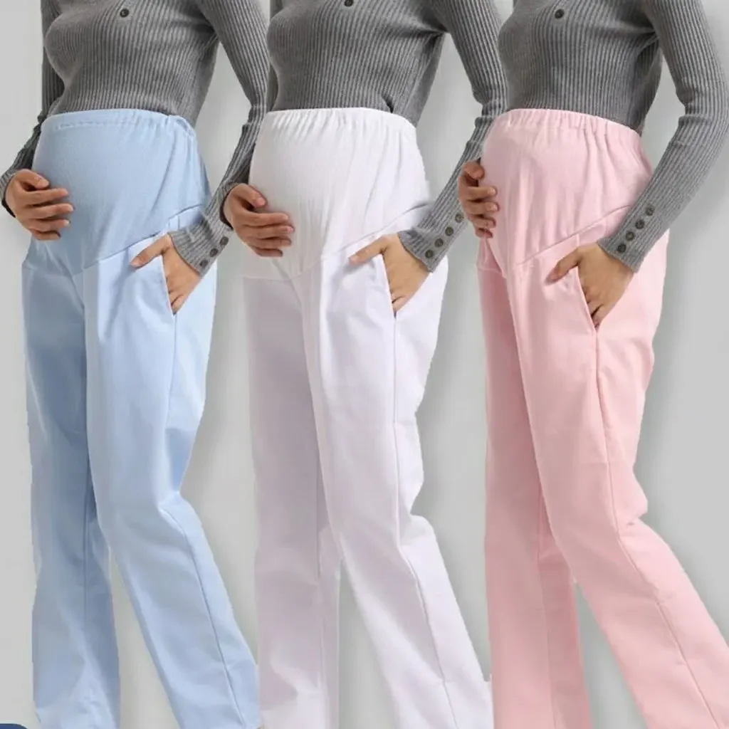 

Pregnant Nurse Scrubs Pants | Adjustable Maternity Doctor Work Trousers | White/Blue Large Size Uniform Bottom