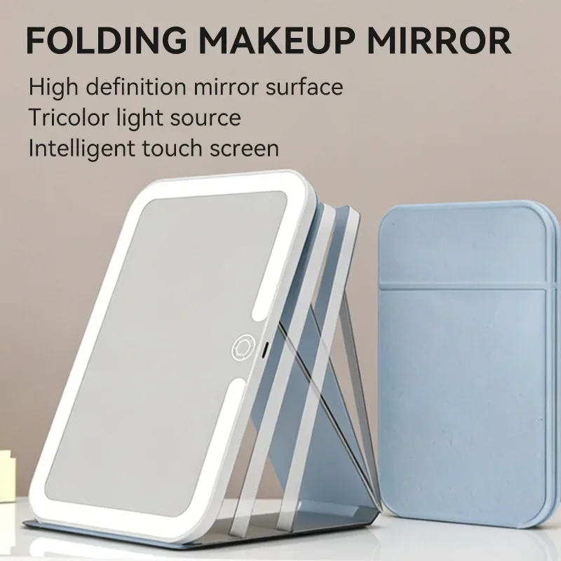 Portable LED Makeup Mirror with Light, Foldable Travel Vanity Mirror, Rechargeable Cosmetic Mirror, PU Leather Dressing Mirror