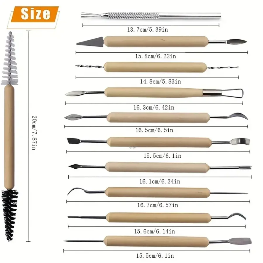 

11Pcs Pottery Clay Sculpting Modeling Tool Set Double-Sided Ceramic Polymer Clay Carving Tools Kit With Smooth Wooden Handle