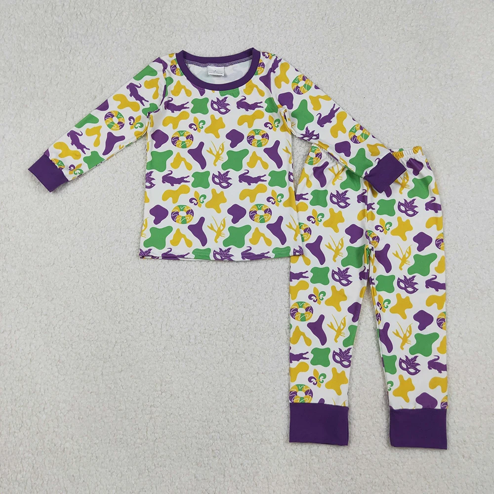 

Baby Boys Mardi Gras Camo Crayfish Anchors Pajamas Set Top And Pants Outfit with Crocodile And Crawfish Print