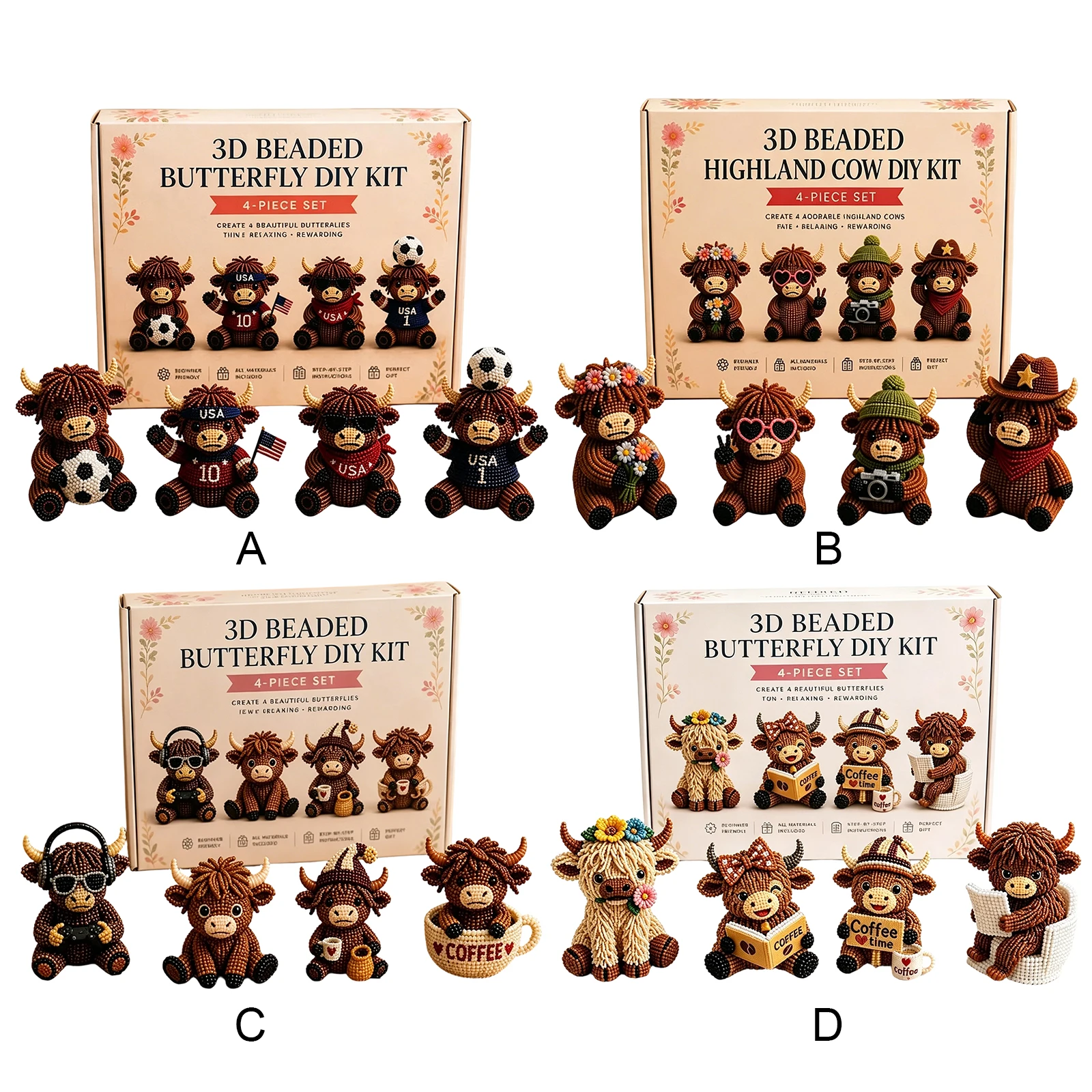 3D DIY Beaded Animal DIY Kit 4PCS Cute Highland Cow Handmade Bead Art Kit Beading Art Set Gift for Beginners & Craft Enthusiasts