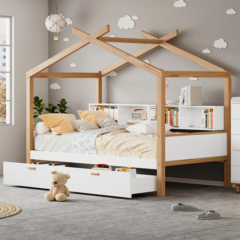 

Bed Frame,Wooden House Bed Original Wood Colored Frame with Bookshelf Storage Space for Children or Guest Room, Bedroom Funiture