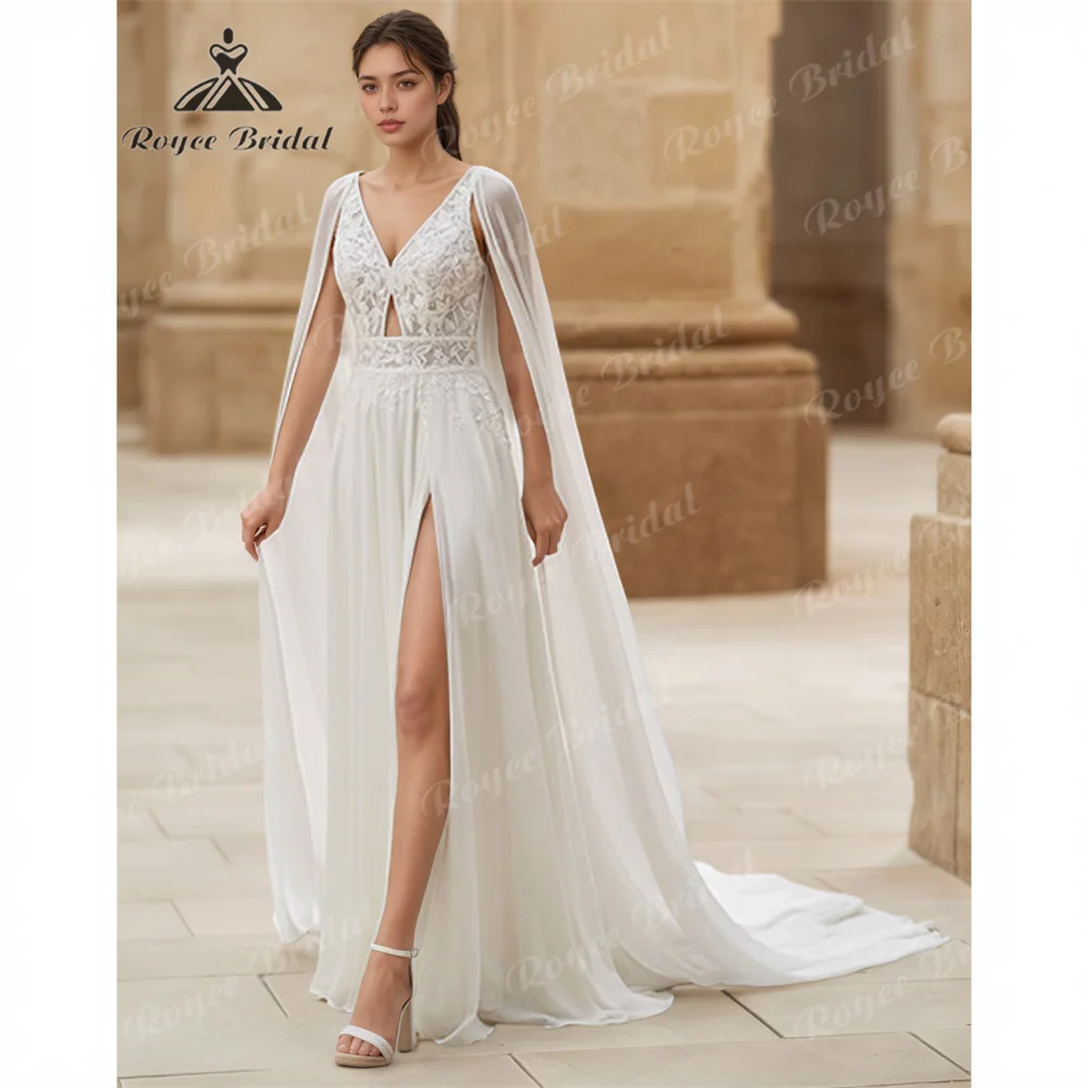 

Roycebridal V Neck A Line Wedding Dress 2025 Chiffon Court Train Side Slit Wedding Gown Customizedvestido femininosvestido de no