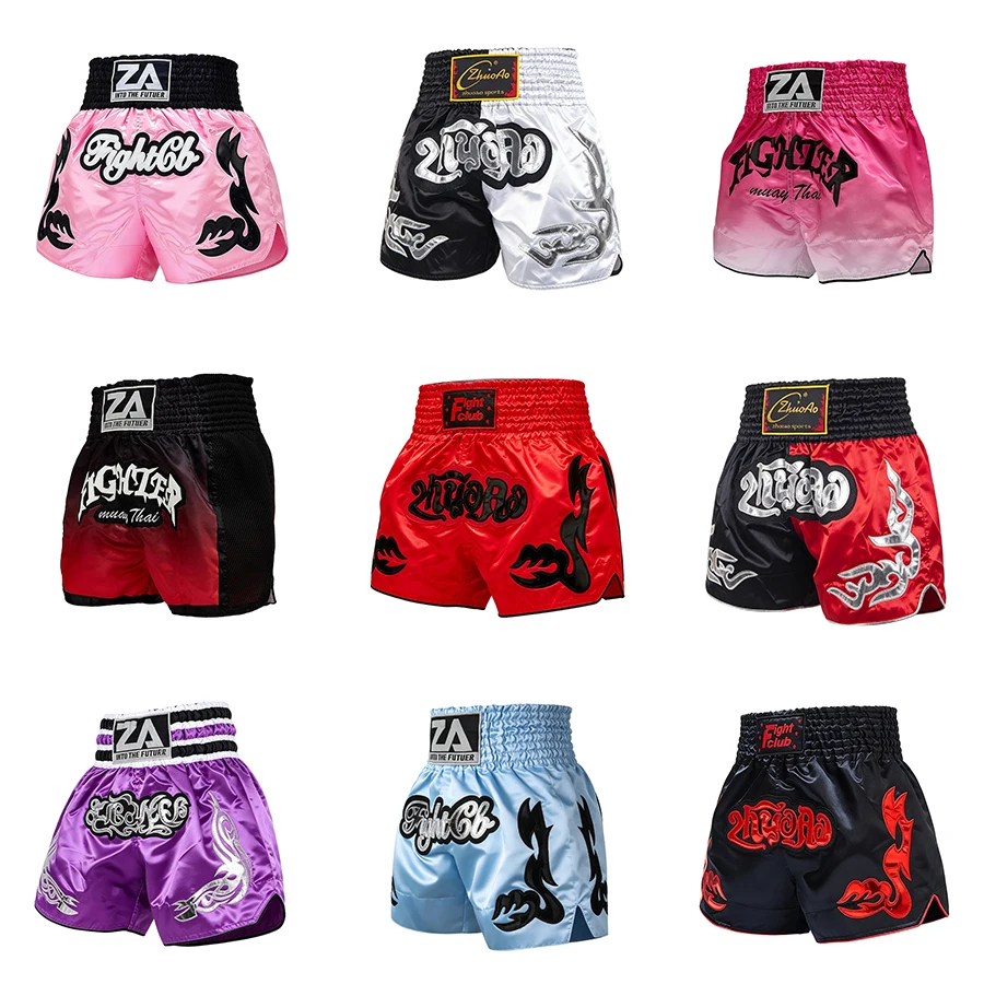 Klassische Boxshorts mit Stickerei-Buchstaben, Satin Muay Thai Hosen für Männer, Frauen, Jungen, Mädchen, Gym, Kampfsport, MMA, Kickboxen Trainingskleidung