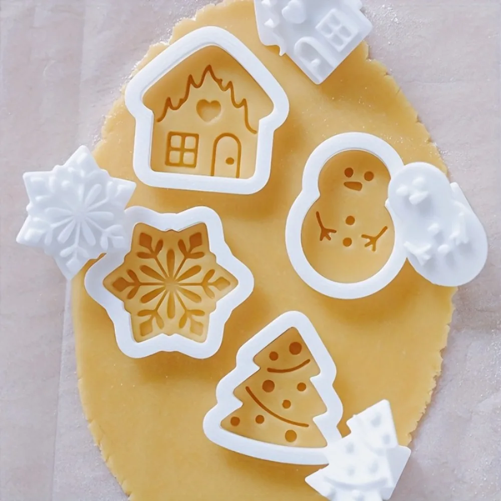 4Pcs Christmas Cookie Cutters Set 3D Embossed Mini Gingerbread House Snowman Snowflake Molds for Baking Fondant Holiday Crafts