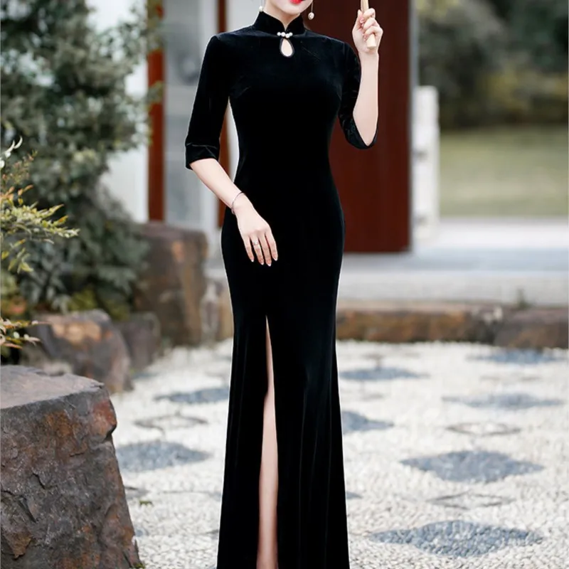 

Long long-sleeved runway cheongsam elegant performance dress black modified fishtail skirt