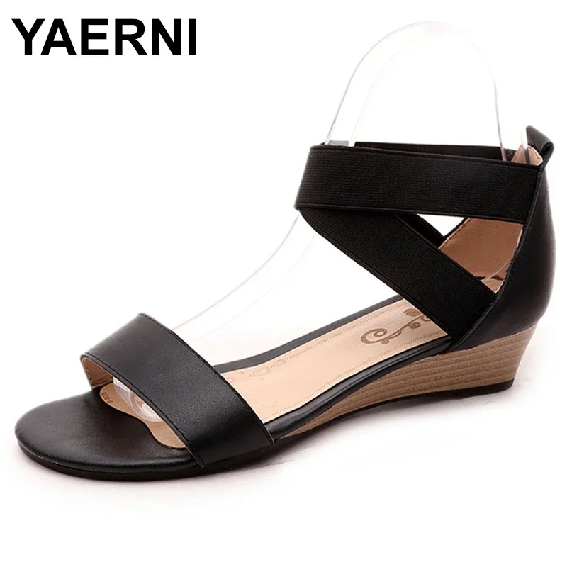 YAERNIPlus size 34-42 New  genuine leather women sandals wedges low heel summer casual shoes black ladies fashion shoesE953