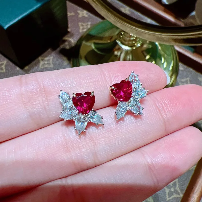925 Reines Silber Roter Rubin Herzförmiges Schmuckset Exquisites Luxus-Hochzeitsgeschenk – Detail 12