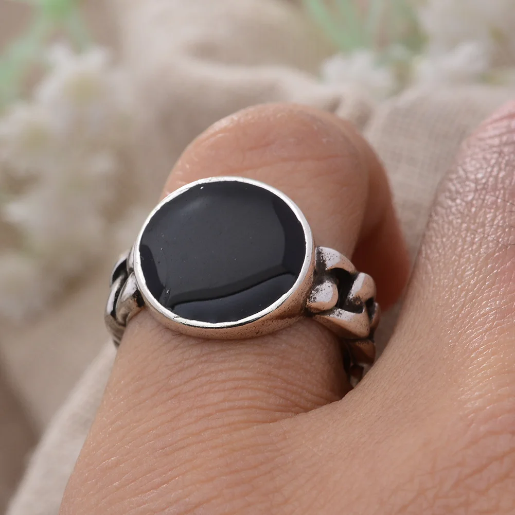 Best Sell Trendy 13mm Big Round Black Resin Thai Silver Man Finger Rings Jewelry No Fade Birthday Gifts Drop Shipping image 6
