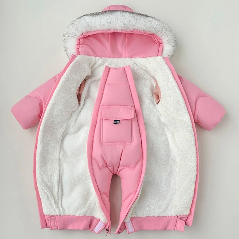 -30℃ Winter Baby Boys Girls Bodysuit Solid Color Lining Plush Thick Warm Hooded Double Zipper Jumpsuits For Kids Romper  125
