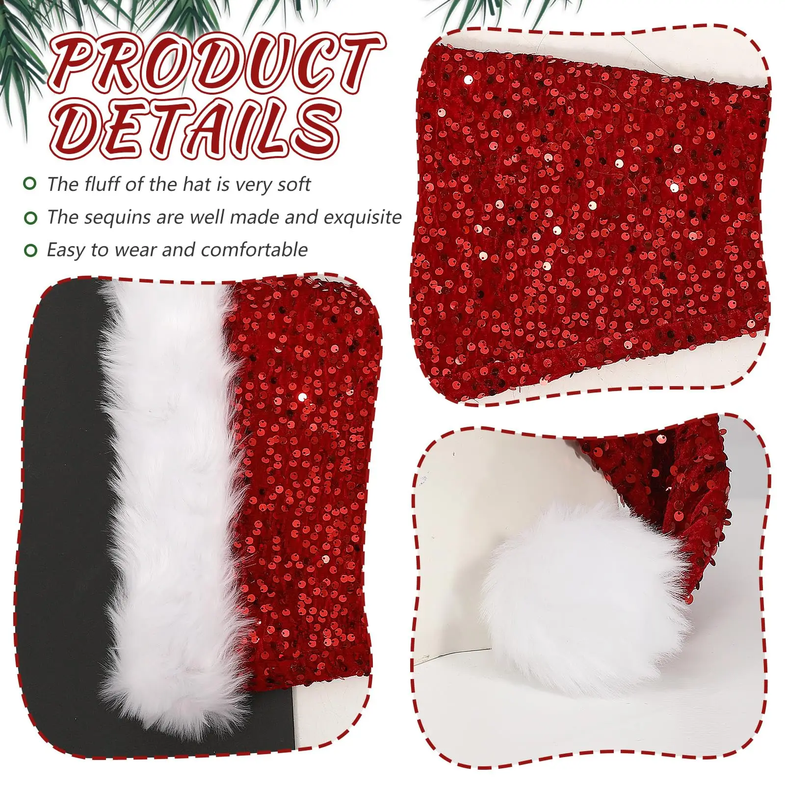 Lange Weihnachtsmannmütze mit Handschuhen, extra Pailletten, Weihnachtsmannmütze mit langem Schwanz für Erwachsene und Frauen, ausgefallene Weihnachtsparty-Requisiten