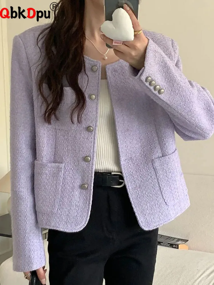 

Chic Design O-neck Tweed Coats Tops Women Casual Single Breasted Vintage Jackets Blusas Korean Fashion Loose Long Sleeve Abrigos