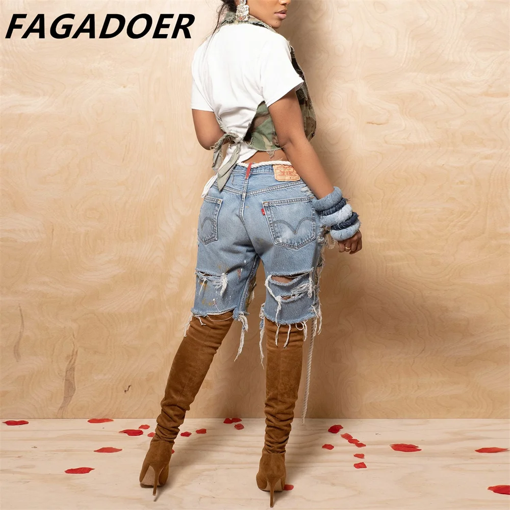 FAGADOER-Pantalon imprimé à trous pour femme, streetwear décontracté, taille haute, bouton, jean droit, été, style Harajuku