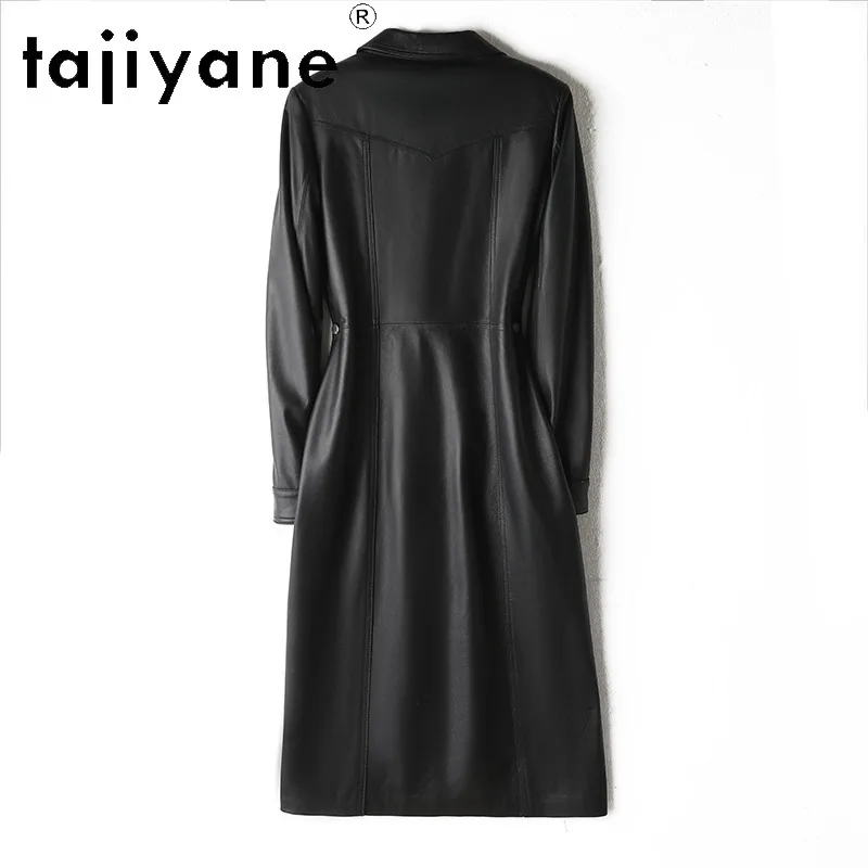 TAJIYANE 100% Sheepskin Genuine Leather Jacket Women Spring Outerwear Long Shirt Trench Coat Ruched Waist Jackets Black Косуха