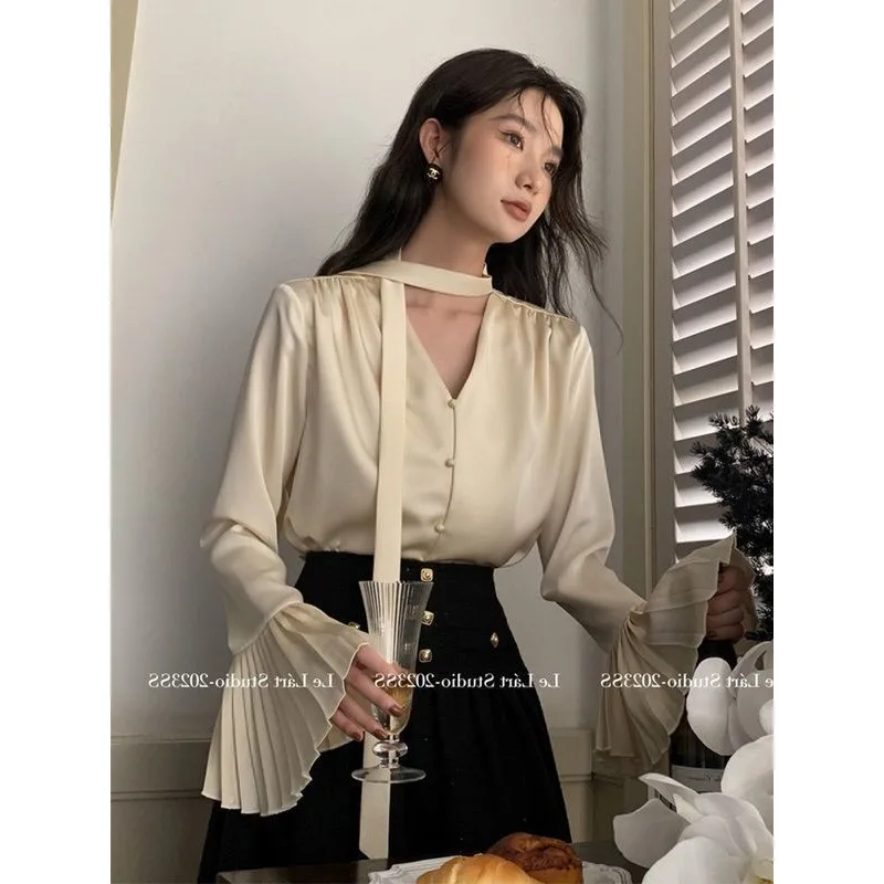 QWEEK Korean Style Luxury Solid Shirts Flared Sleeve Elegant and Youthful Minimalist Blouses Oversized Women's Clothing Autumn
