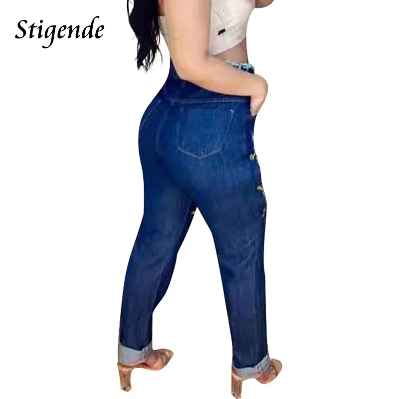 Stigende Women Sexy Hollow Out Ripped Jeans Drawstring Denim Pants Chain